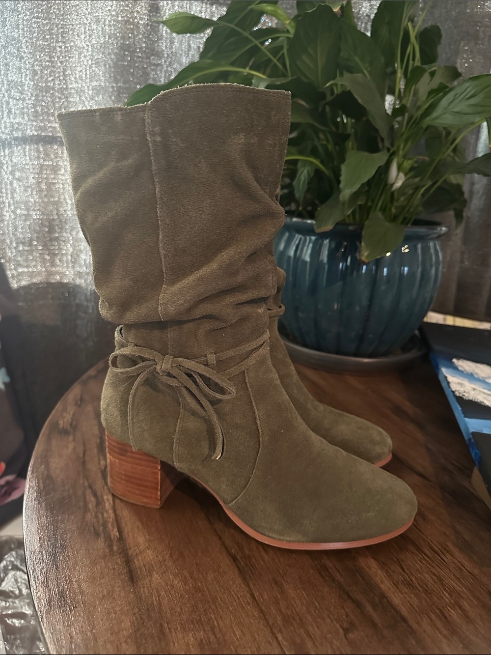 Olive Suede Mid-Calf Slouch Boots with Tie Accent
